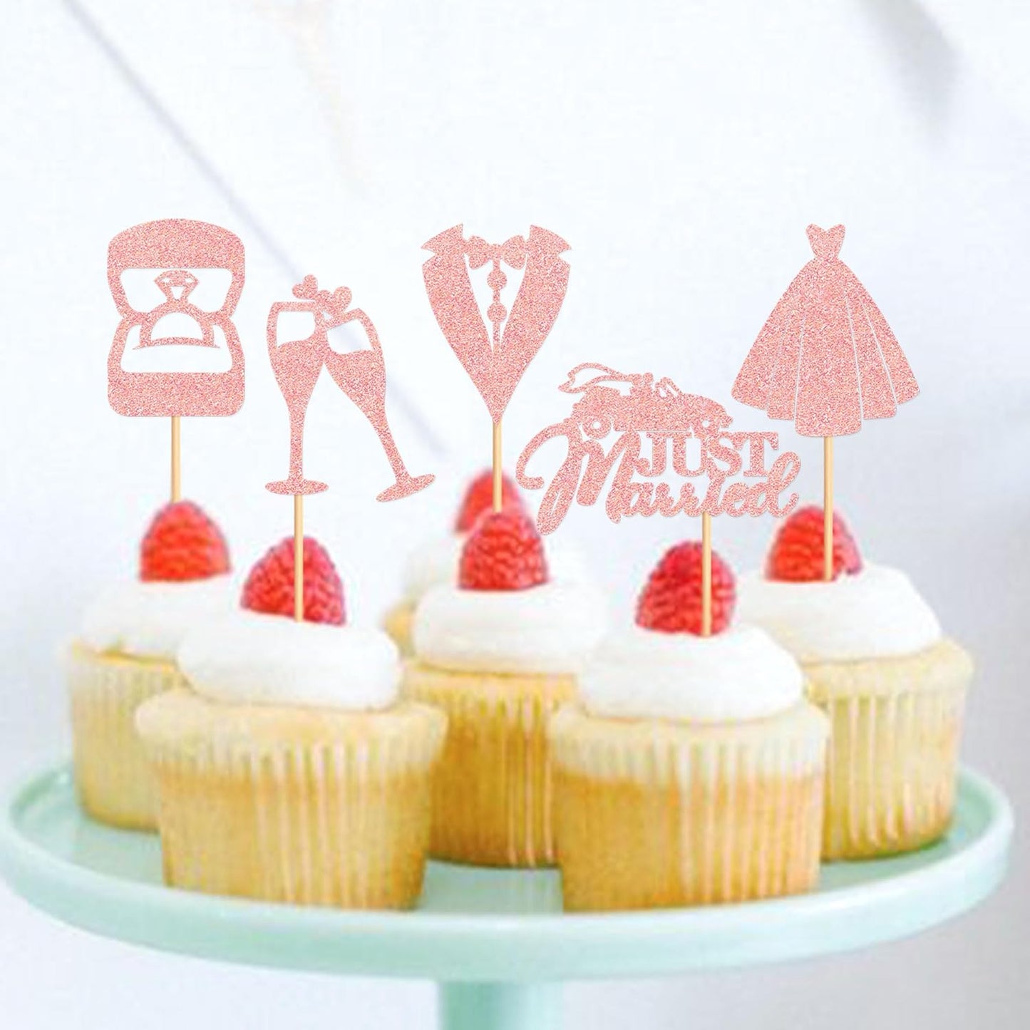25 Pcs Bride and Groom Cupcake Toppers Wedding Dress Diamond Ring Cupcake Picks Bridal Shower Wedding Engagement Anniversary Party Cake Decorations Supplies Rose Gold