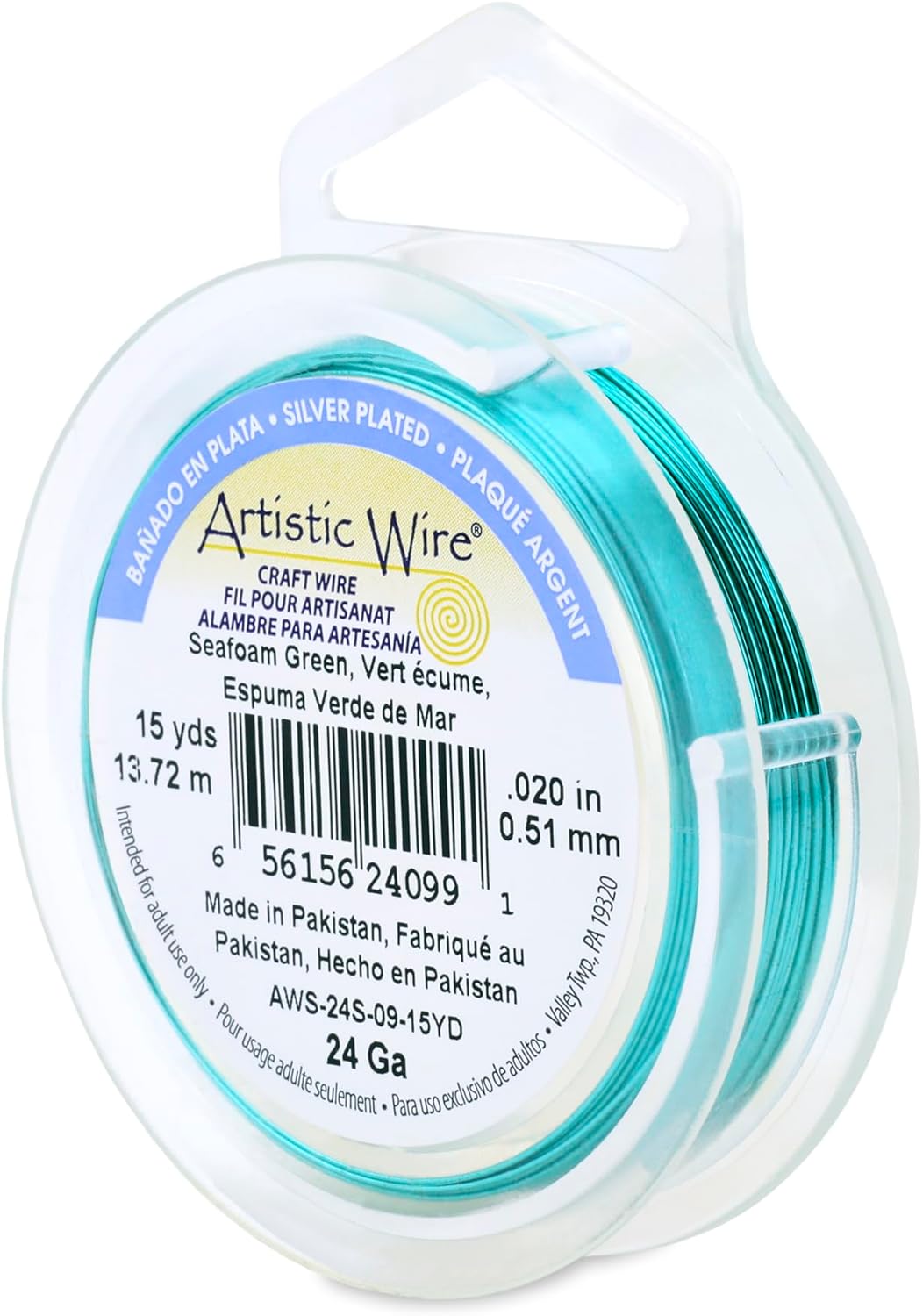 Artistic Wire, 24 Gauge Silver Plated Tarnish Resistant Colored Copper Craft Wire, Seafoam Green, 15 yd