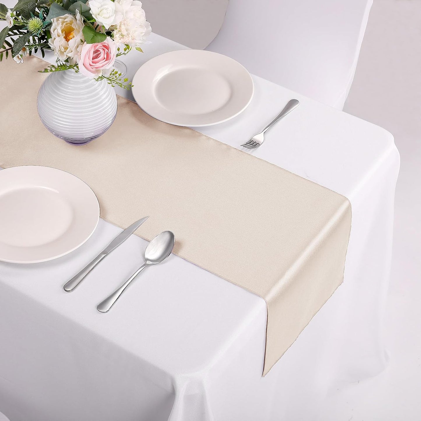 5-Pack Satin Table Runner Champagne 12 x 108 inches Long, Table Runners for Wedding, Birthday Parties, Banquets Decorations（5 Pack, 12x108 Inch, Champagne