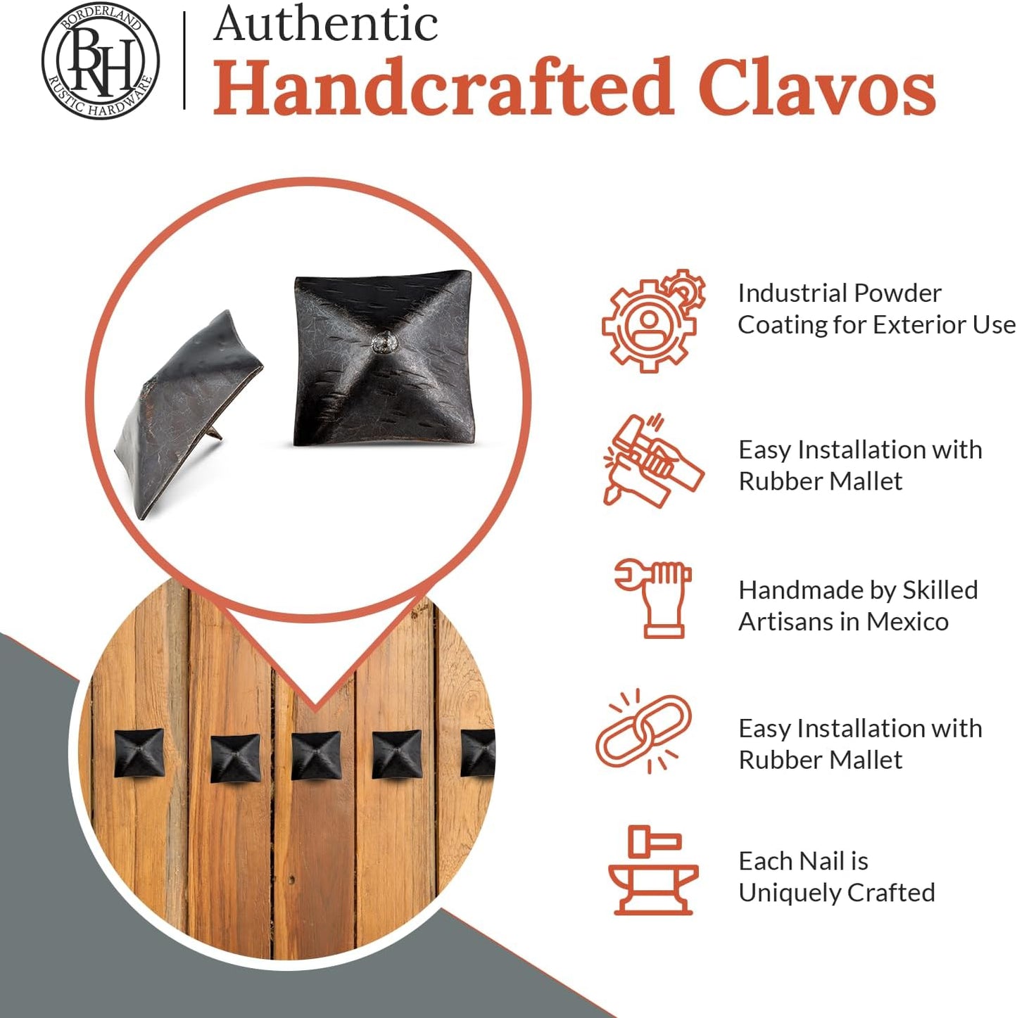 25 Pack 2" Square Head Iron Clavos Decorative Nails – Sealed Unfinished – Handmade Rustic Square Fasteners for Farmhouse Shutters, Barn Doors, Shutters, and Gates – Ornamental Wood Accent