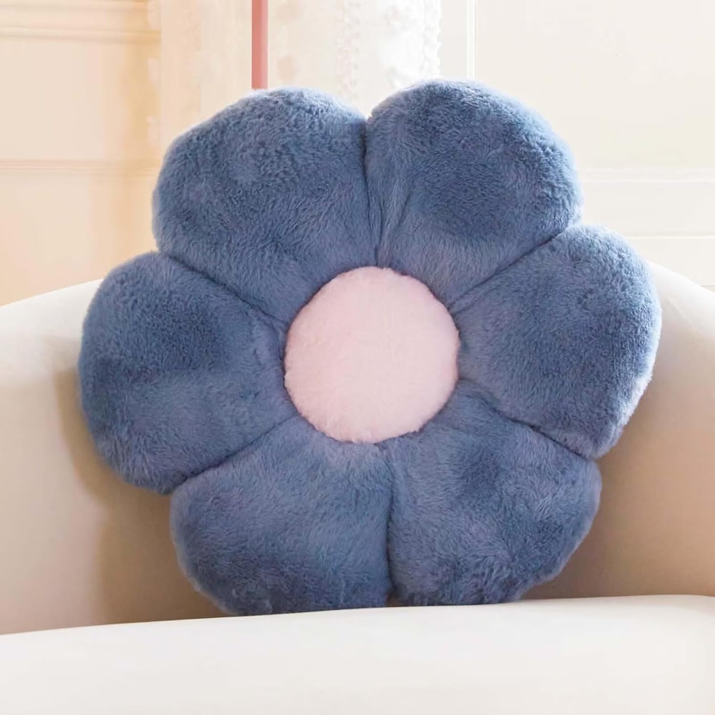 Dusty Blue Flower Shaped Throw Pillow with Faux Rabbit Fur, 14.9" Soft Plush Throw Pillow for Bedroom Living Room