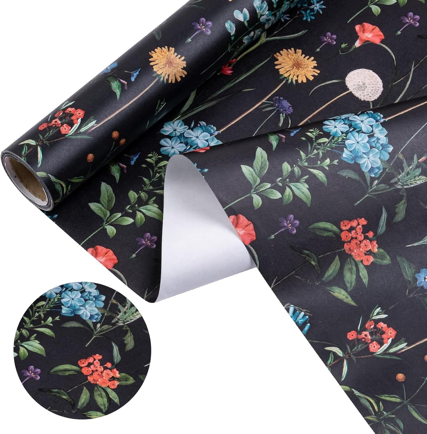 WRAPAHOLIC Kraft Wildflower Wrapping Paper - Mini Roll - 17 Inch x 16.5 Feet - Black Floral Wrapping Paper for Wedding, Birthday, Wedding, Bridal Shower, Drawer Liners, Tea Party