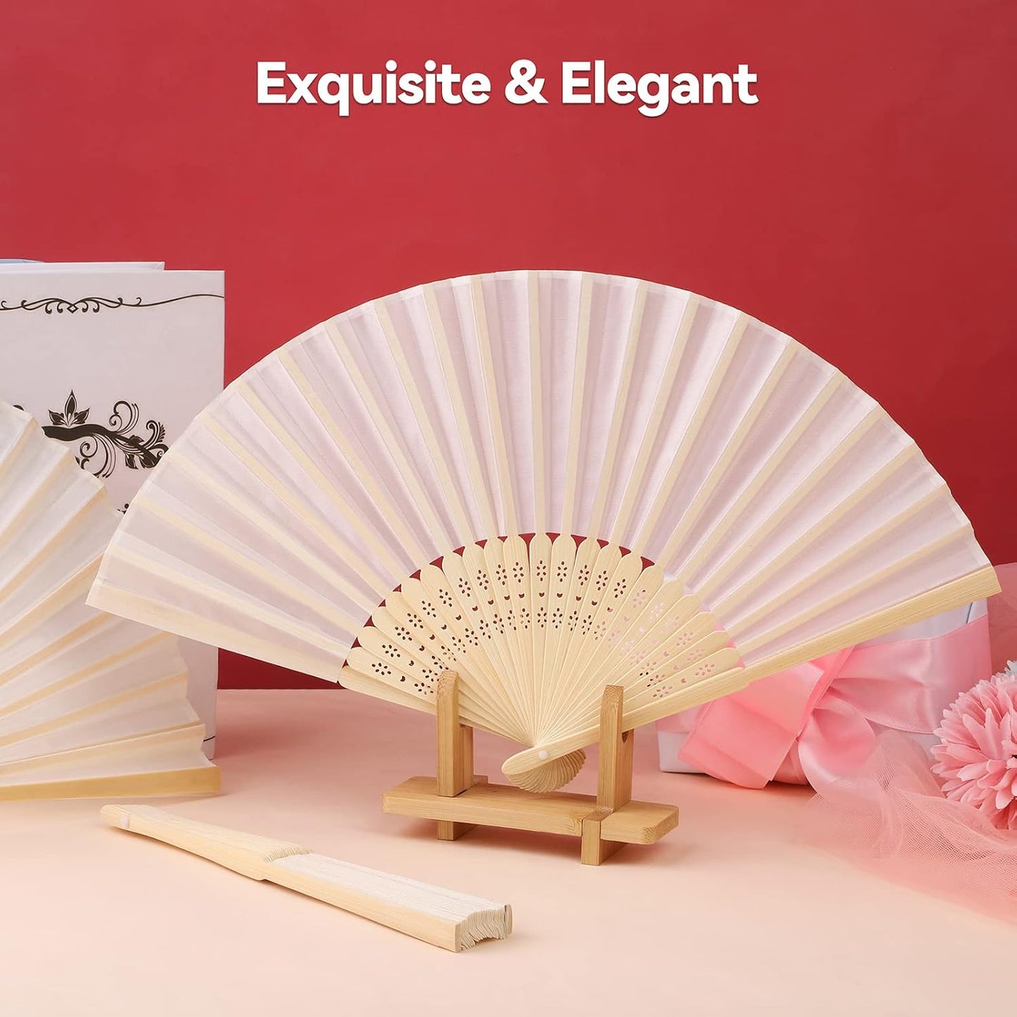 Aneco 18 Pieces Handheld Fans Cloth Hand Fans Bamboo Folding Fans for Wedding Decoration, Church Wedding Gifts, Party Favors, DIY Decoration (Cream)