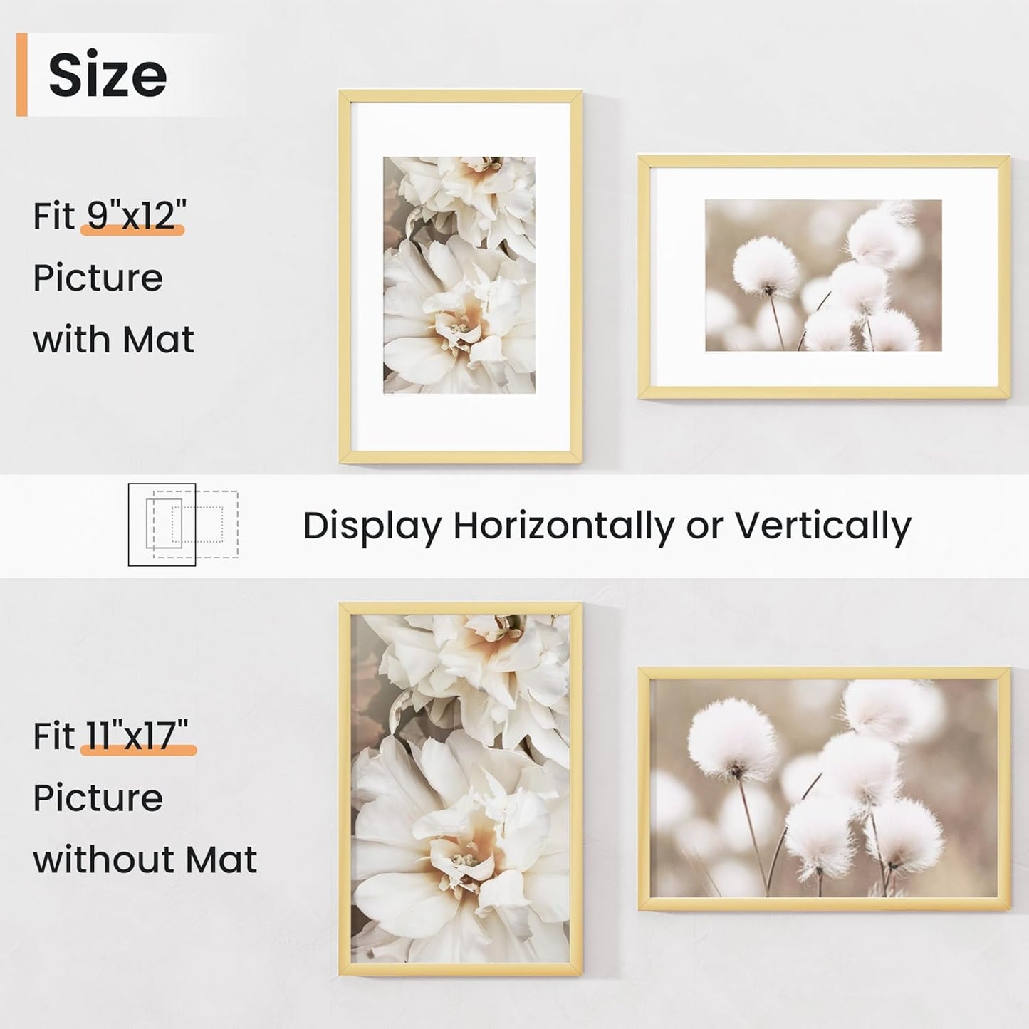 11x17 inch Picture Frame, 11x17 Photo Frames with 8x12 Removable Mat - High Definition Plexiglass - Vertical and Horizontal Display - Wall Hanging Frame - Gold, 5 Pack
