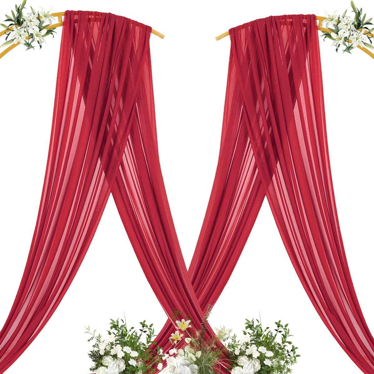 MLMC Red Wedding Arch Draping Fabric 2 Panels 29" x 20 FT Extra Long Gauze Drapes Sheer Backdrop Curtains 6.6 Yards Outdoor Drapery Panels for Wedding Baby Shower Party Ceiling Decoration