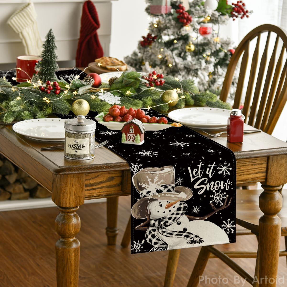 Artoid Mode Black Snowman Snowflake Let it Snow Winter Table Runner, Christmas Kitchen Dining Table Decoration for Home Party Decor 13x108 Inch
