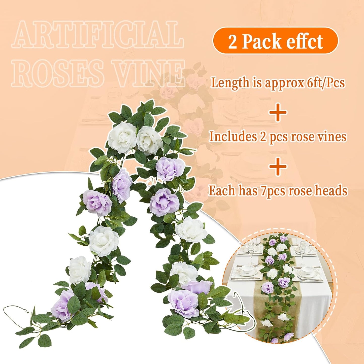 Lavender Artificial Rose Garlands Rose Vines Leaves Banners Hanging Floral Garland Fake Rose Flower Vine for Wedding Arch Ceremony Home Garden Outdoor Party Wall Decorations