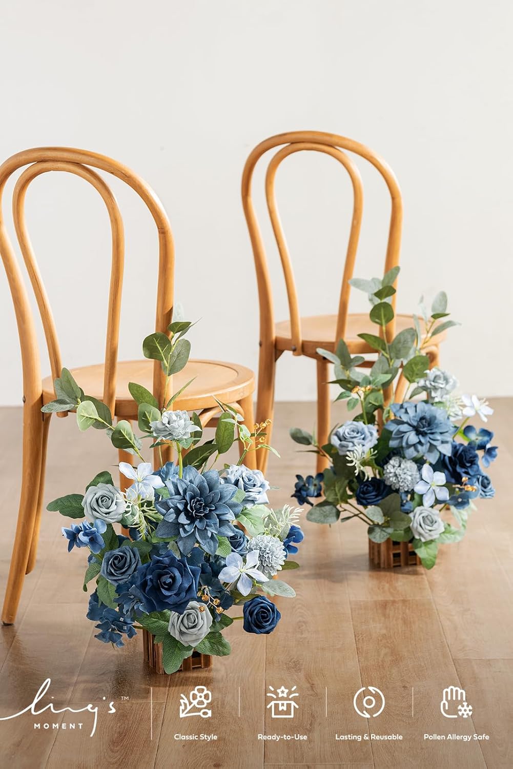Ling's Moment 17.5" Tall Standing Artificial Flowers Arrangements 4pcs Fall Wedding Aisle Runner Chair Decorations Dusty Blue & Navy Centerpieces for Ceremony Reception Rose Floral Party Outdoor