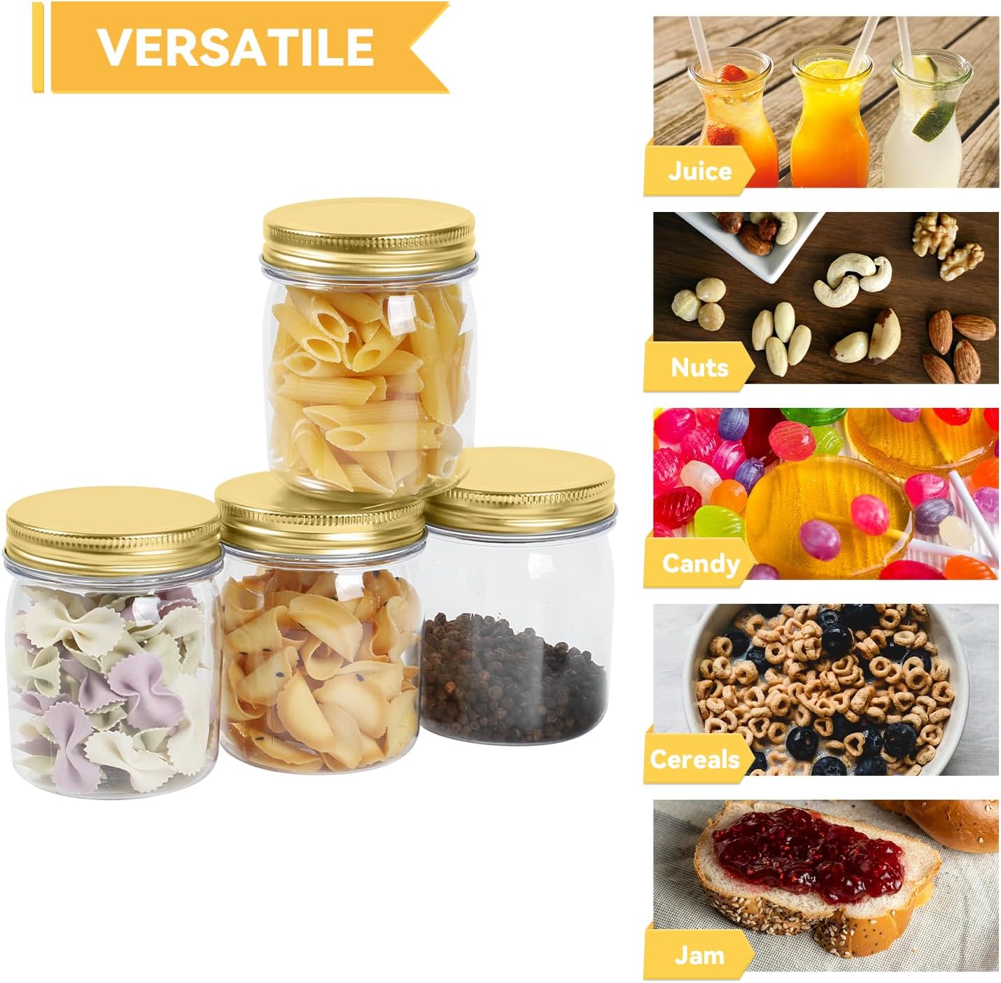 novelinks 8 oz Clear Plastic Jars with Screw-On Lids - BPA-Free Refillable Storage Containers for Slime, Spices, Crafts, Kitchen & Home Organization (48 Pack,Gold)