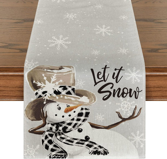 Artoid Mode Grey Snowman Snowflake Let it Snow Christmas Table Runner, Seasonal Winter Kitchen Dining Table Decor for Home Party Indoor 13x48 Inch
