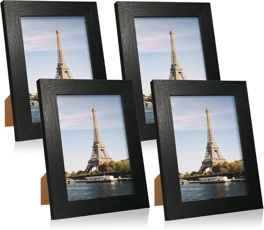 5x7 Picture Frame Set of 4, Black Wooden Frame with High Definition Glass, 5 x 7 Photo Frames for Tabletop Display and Wall Mounting