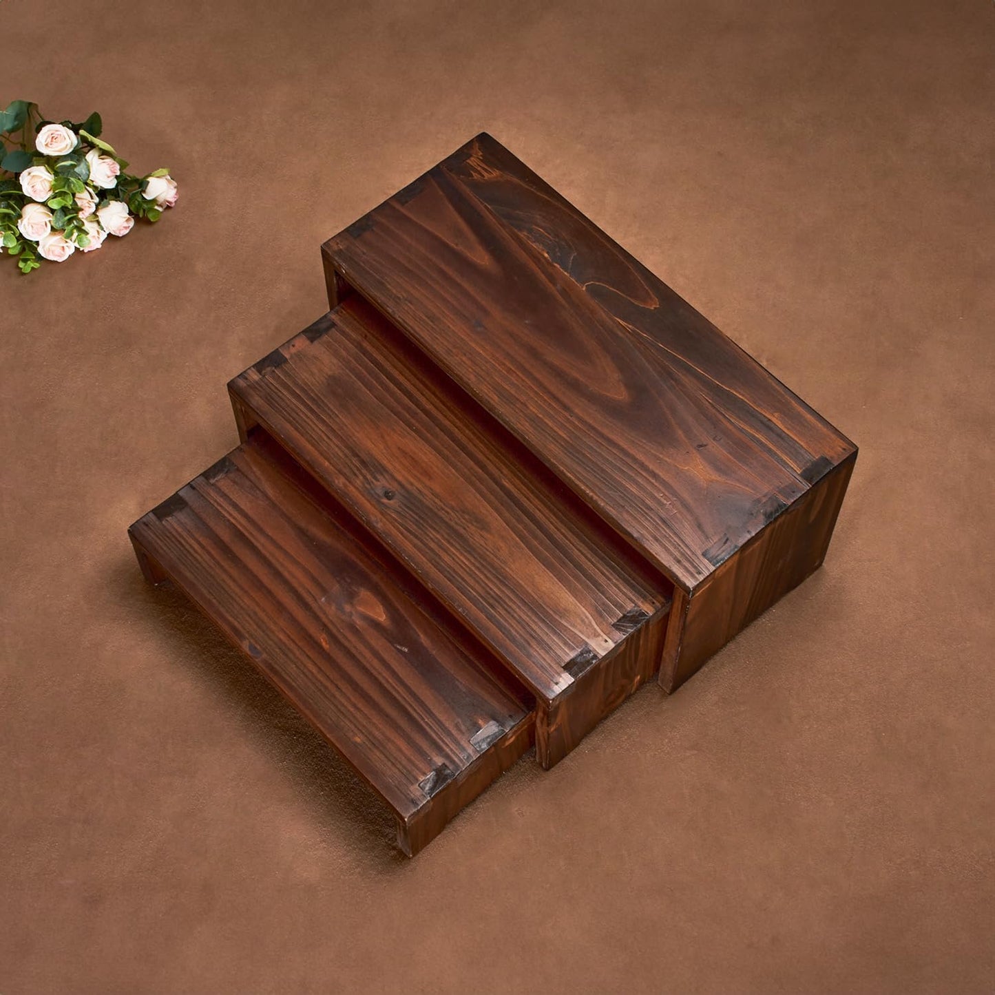 Set of 3 Wooden Rustic Cupcake Stand for 24 Cupcakes, Stepped Wood Display Stand for Weddings, Tiered Party Buffet Table Display Nesting Riser for Food , Dessert, Cookie, Craft Show, Brown