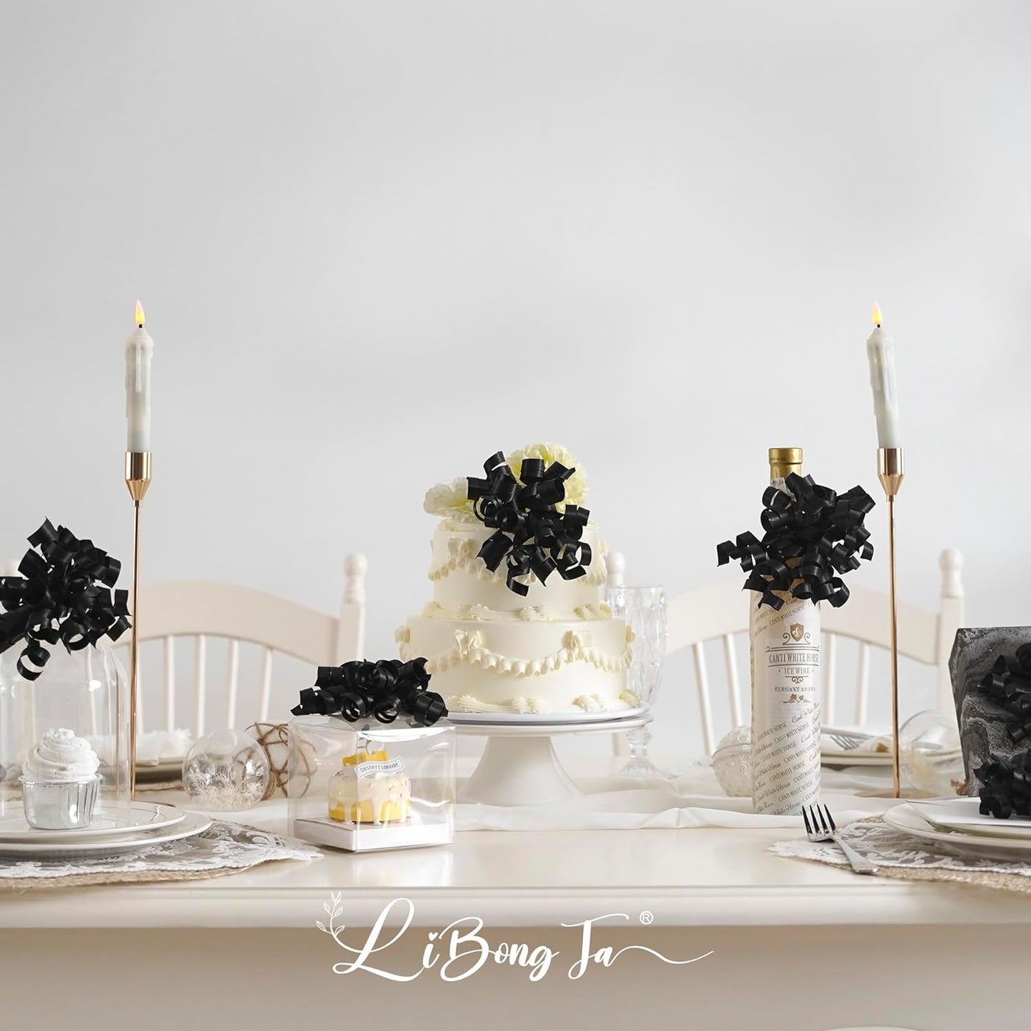 5 Inch Black Bows Curly Ribbon Bows for Gift Wrapping, Satin Bows with Double-Sided Tape, Self Adhesive Bows for Party, Wedding, Birthday Decor, Premade Bows for Crafts, Wine Glasses-8 PCs