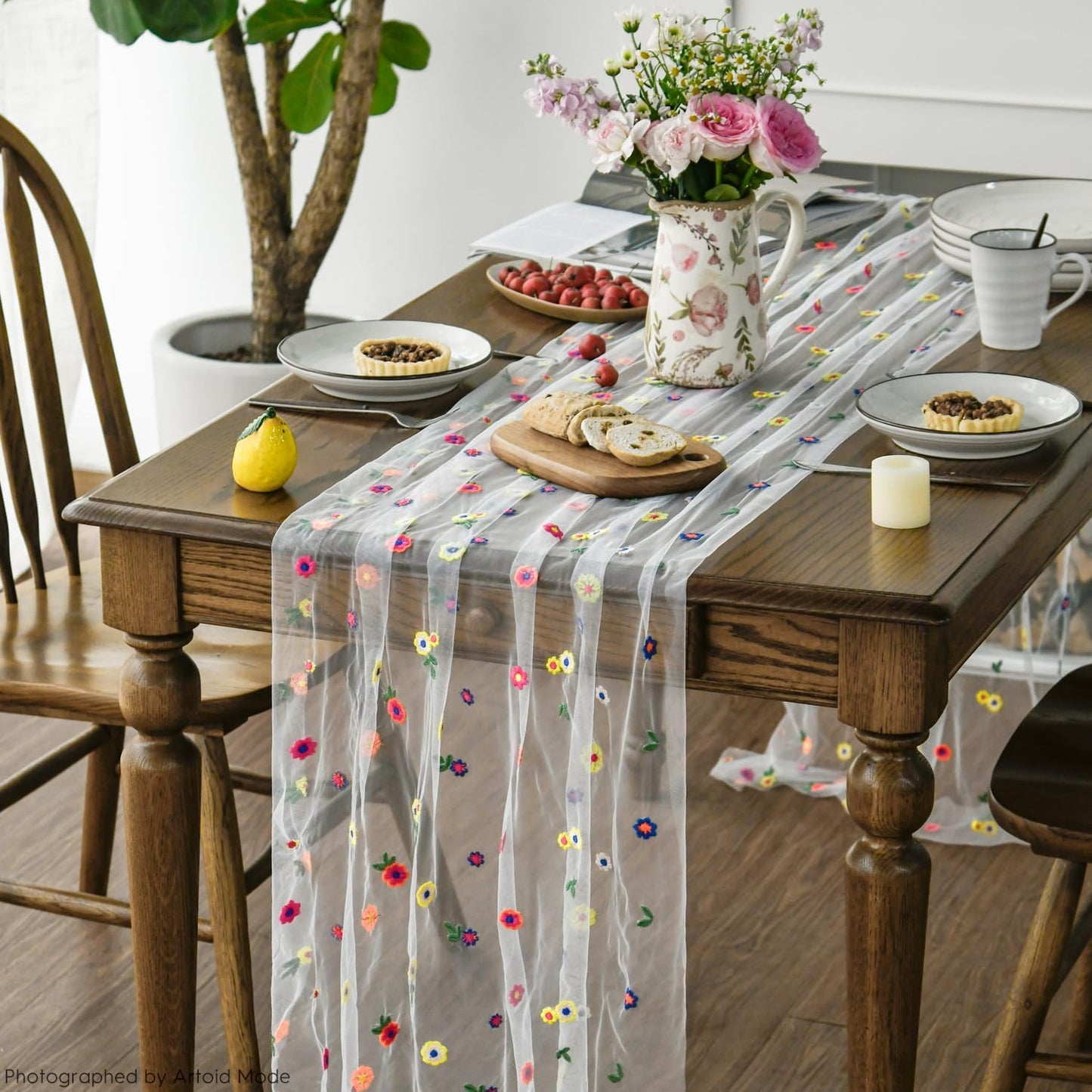 Artoid Mode 6PCS Embroidery Daisy Gauze Table Runner 120 Inch 10FT, Seasonal Sheer Kitchen Dining Holiday Wedding Birthday Table Decor for Home Party