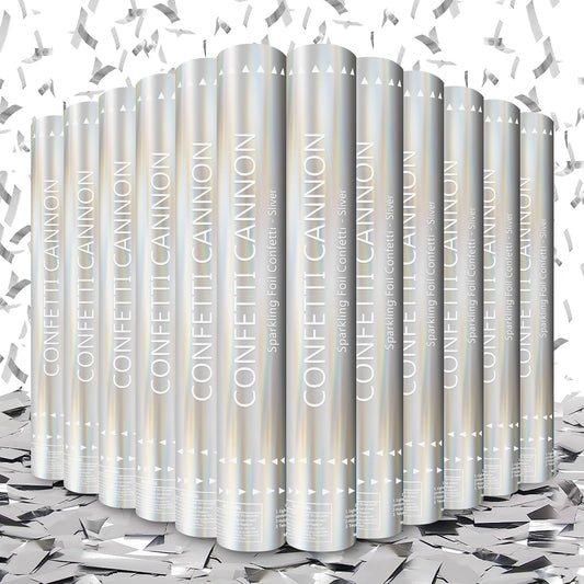 Confetti Cannon 12 Pack Sliver Confetti Poppers 12 Inch Streamer Cannon Foil Party Poppers Confetti Shooters Silver Mylar Popper Cannon Bulk for Wedding,Birthday,Graduations New Year Celebration