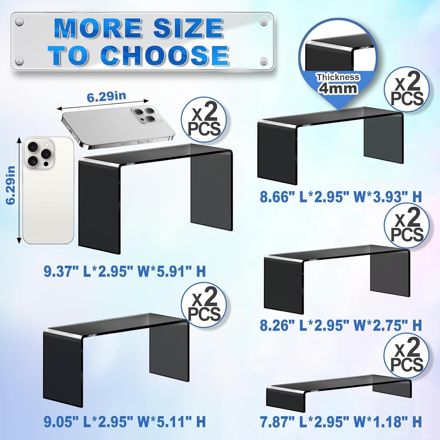 Aheroi Display Risers, 10 Pcs 2 Set(7”L~8”L~9”L) Acrylic Risers, Black Arylic Display Stands Acrylic Shelf Riser, Risers Display Stand Set for Decor, Cupcake Stands Display Showcase Holder for Toys