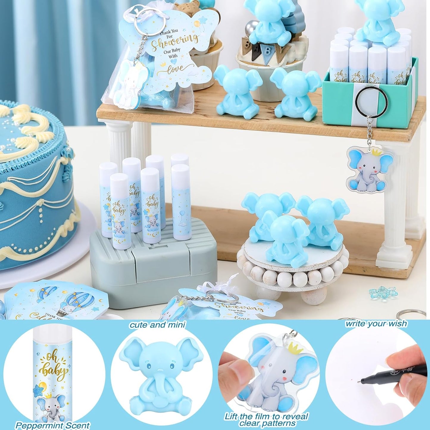 288 Baby Shower Favors Baby Shower Gifts Bulk Lip Balms Soaps Keychains Organza Bags Guest Appreciation Gift with Thank You Tags and Cards for Boys Girls Guest Gift(Blue,Elephant)