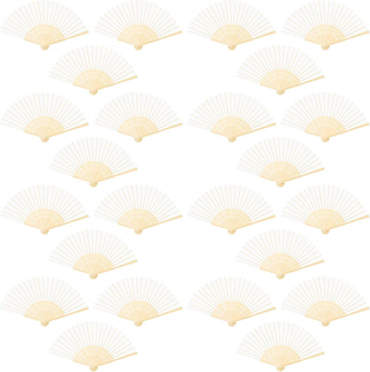 URATOT 24 Pieces White Folding Fans Silk Bamboo Folding Fans Handheld Fan for Wedding, Party Decoration