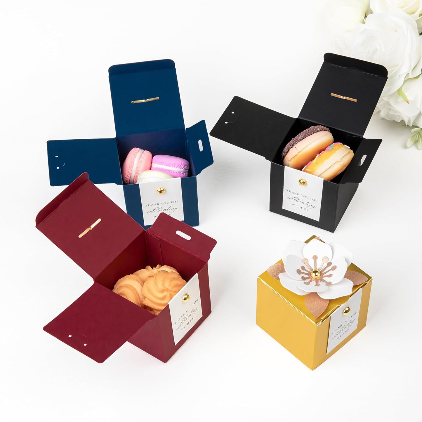 FEIYI 20 PCS Candy Boxes, 3 In 1 Burgundy Favor Boxes with Floral Decor, White Thank You Tags Gift wrapping for Wedding Birthday Baby Shower Decorations Party -2.55x2.55x2.55''