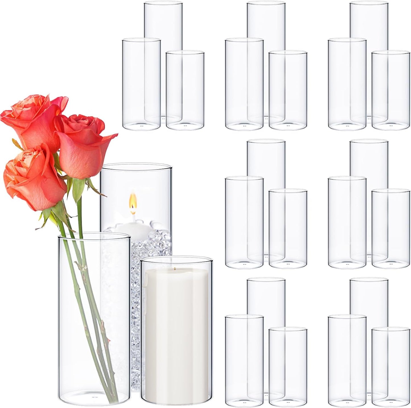 Sawysine 30 Pcs Glass Cylinder Vases 2.5''/2.95''/3.9'' Diameter Clear Flowers Vase Hurricane Floating Candles Holders for Table Centerpieces (2.5 x 5 in,2.5 x 6 in,2.5 x 8 in)