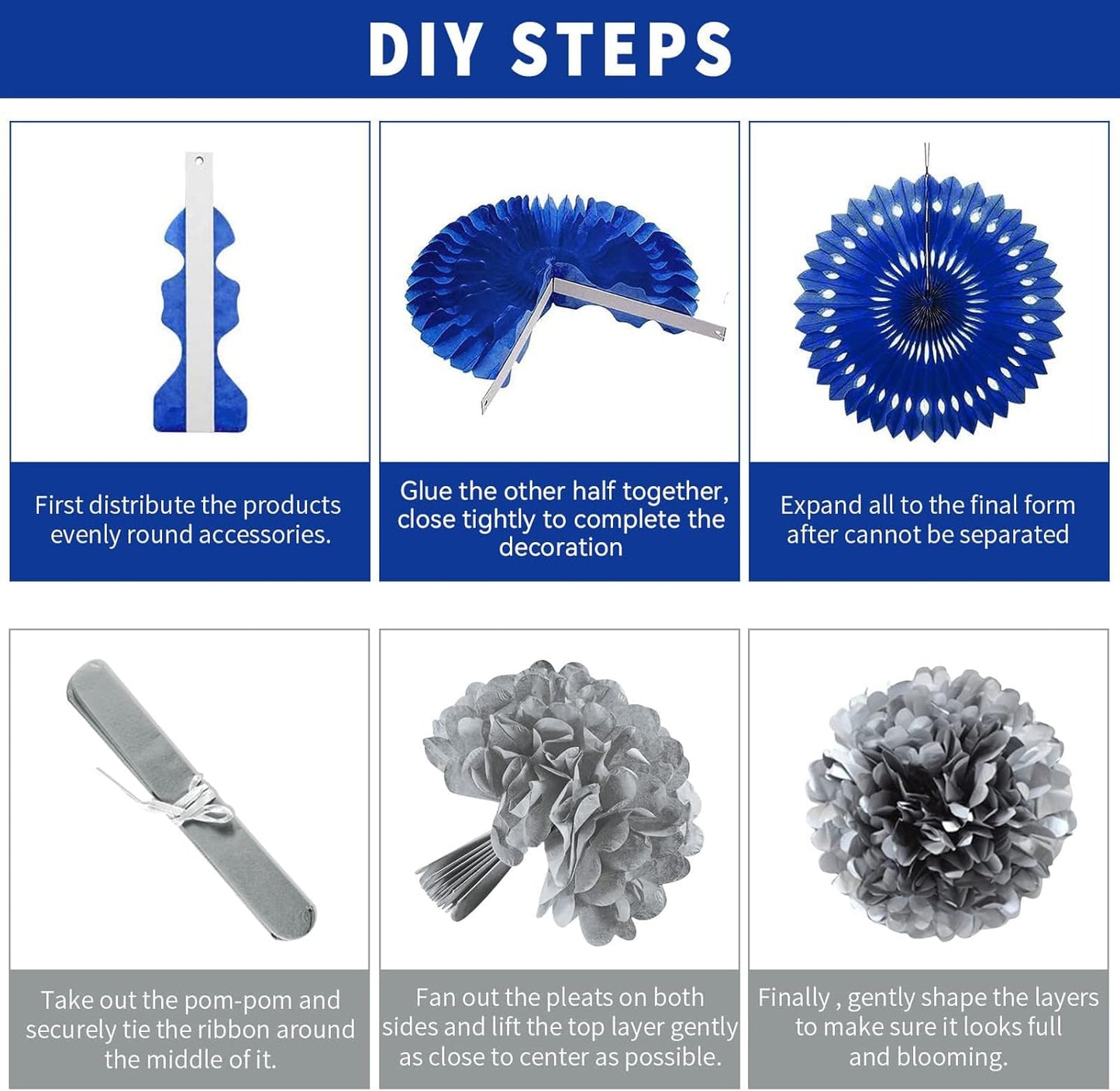 Navy Blue and Silver Happy Birthday Party Decoration 24Pcs Hanging Paper Fans Pom Poms Flowers, Garland String Polka Dot, Happy Birthday Banner for Boy Birthday Baby Shower Blue Birthday Decorations