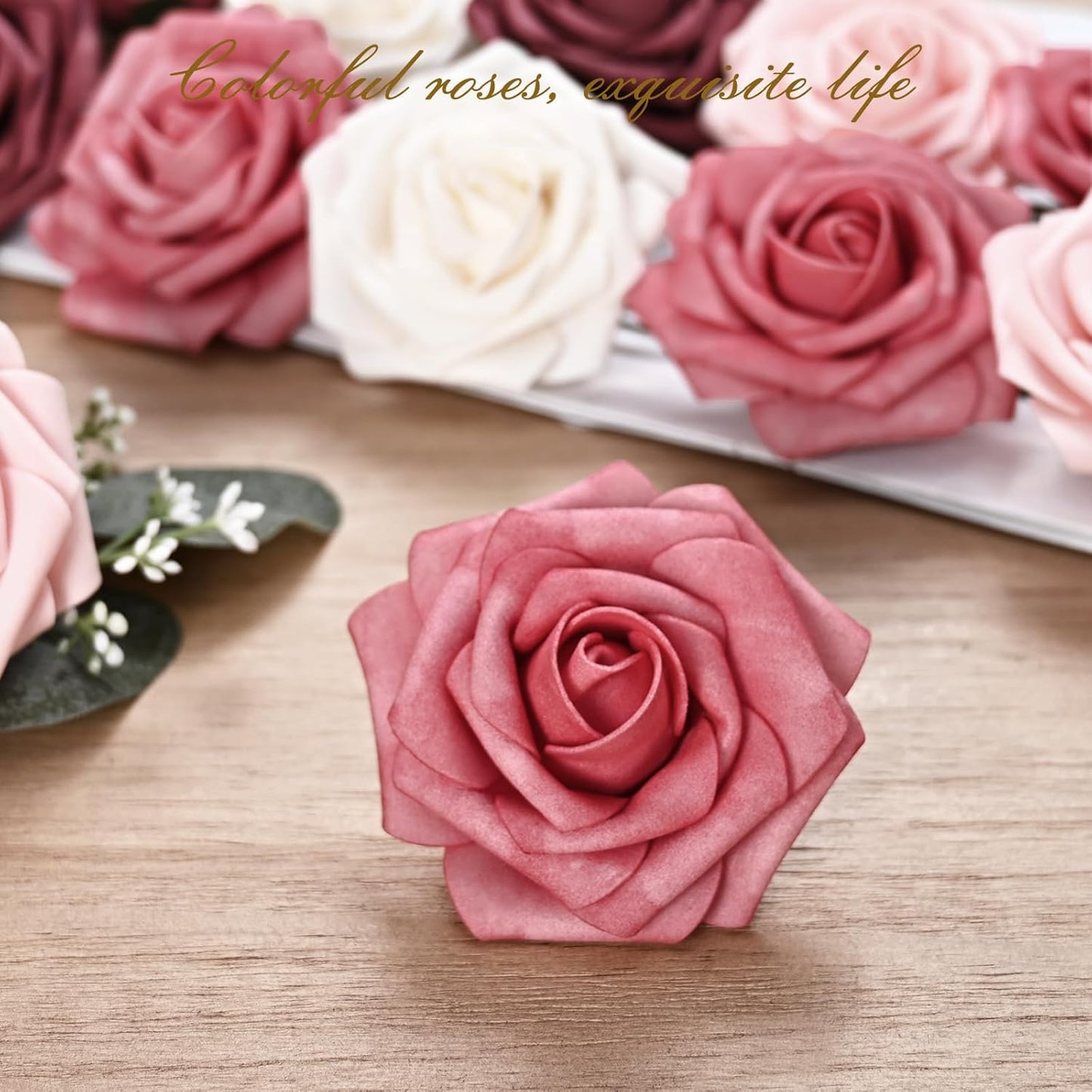 BLEUM CADE 16Pcs Artificial Flowers Fake Roses with Stems, Gradient Burgundy Boxed Foam Roses for DIY Bouquets Centerpieces Wedding Party Arrangement Bridal Shower Decor