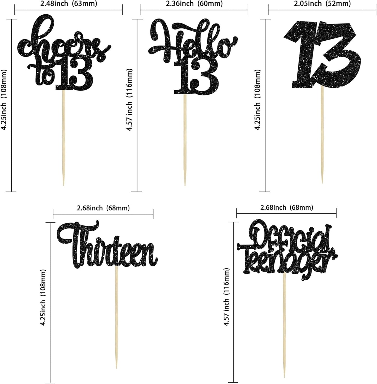 30Pcs 13th Birthday Cupcake Toppers Hello 13 Cupcake Picks Official Teenager Cheers to 13 Years Old Cake Decorations for 13th Birthday Anniversary Party Supplies Black Glitter