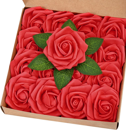 BLEUM CADE 16Pcs Artificial Flowers Fake Roses with Stems, Red Boxed Foam Roses for DIY Bouquets Centerpieces Wedding Party Arrangement Bridal Shower Decor