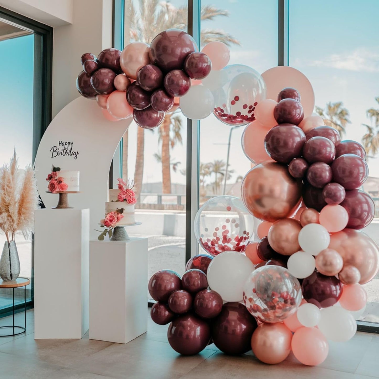 Burgundy Balloons, 12 Inch Maroon Balloons, Wine Red White Pearl Metallic Rose Gold Confetti Balloons Latex Balloons for Wedding Anniversary Engagement Romantic Dinner Fall Party Decorations