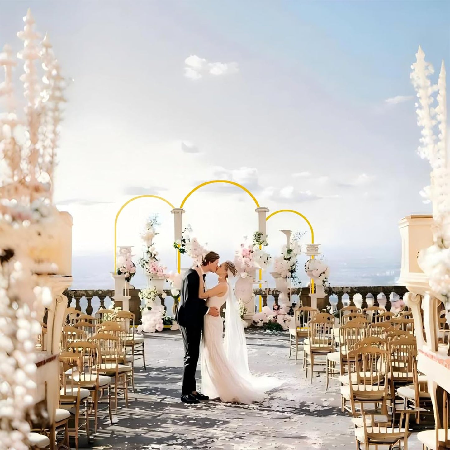 Bazen Wedding Arch Backdrop Stand 7.2FT, 6.6FT, 6FT Set of 3 Metal Arch Backdrop Stand with White Arch Cover for Birthday Party Wedding Ceremony Bridal Baby Shower Banquet Party Event Decor