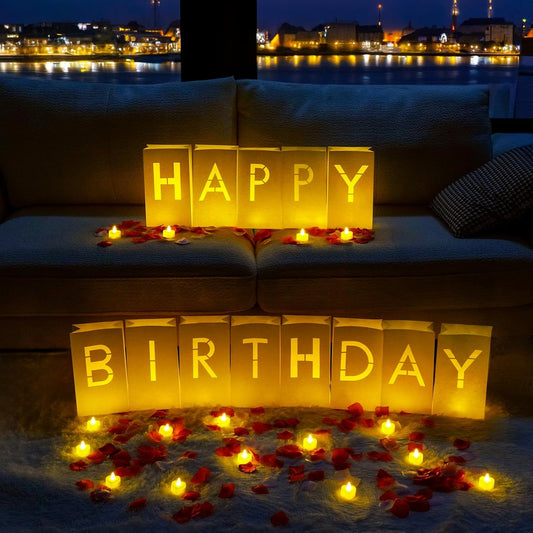 Homemory Happy Birthday Light Up Letters Luminary Bags with Flameless Candles and Fake Rose Petals, Happy Birthday Sign Party Decoration for Women Men