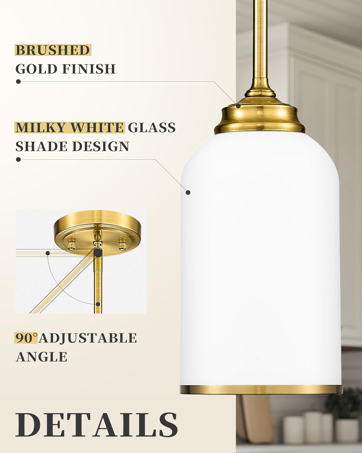LIROUVET 2 Pack Pendant Lights, Vintage Hanging Lamp, Brushed Gold Pendant Lights Kitchen Island with Milk Glass, Pendant Lighting for Dining Room PL02 MGBG-2PK