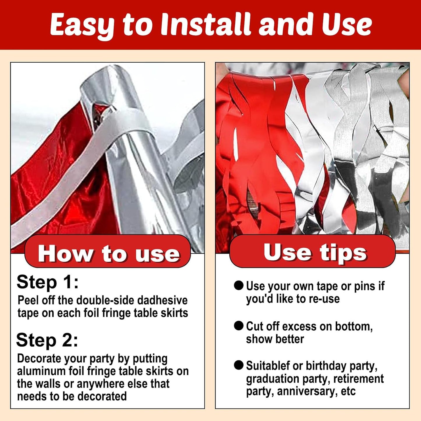 6 Pack 29x108 Inch Red Silver Wave Foil Fringe Table Skirts Metallic Banner for Tinsel Streamer Garland Backdrop for Parade Floats Wedding, Mother's Day, Birthday Mardi Gras Party Decorations