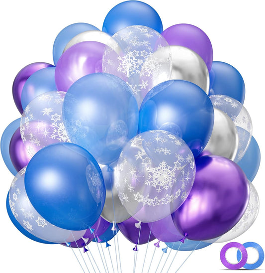 68Pcs Purple and Blue Party Balloons Kit 12 Inch Pearl Light Blue Metallic Purple Silver Snowflake Balloons with Ribbons for Winter Theme Birthday Wedding Girls Party Decorations.