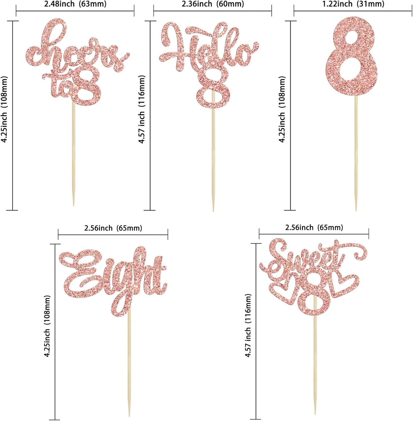 30Pcs 8th Birthday Cupcake Toppers Glitter Eight Hello 8 Cupcake Picks Cheers to 8 Years Old Cake Decorations for 8th Birthday Party Supplies Rose Gold