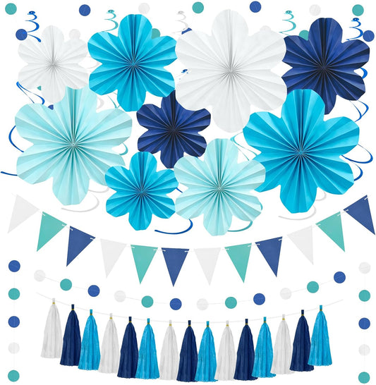 Navy Blue Party Decorations Set, 22 Pcs Hanging Paper Flowers, Tassel Garland & Swirls for Weddings, Bridal Showers, Baby Showers, Birthday, Classroom Decor, Backdrop Supplies