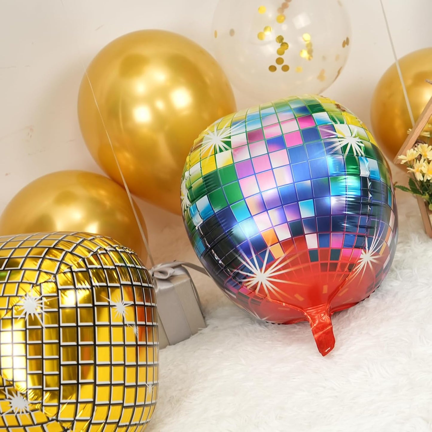 Disco Ball Balloons 4PC,Foil Disco Balloons 22 Inch 4D Round Multicolor Balloon for 70s 80s 90s Birthday Bachelorette Decorations