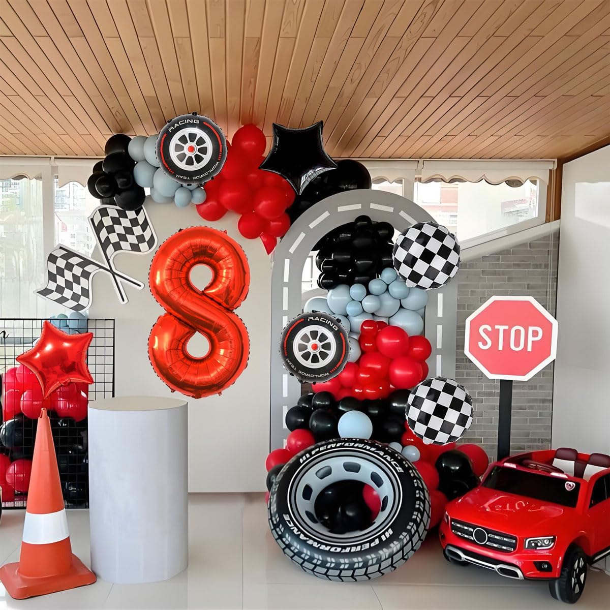 Race Car Birthday Decorations - 40 Inch Mylar Red Number 8 Balloons - Black Foil Checkered Race Car Balloons for 8st Birthday Race Cars Themed Party Decorations Supplies
