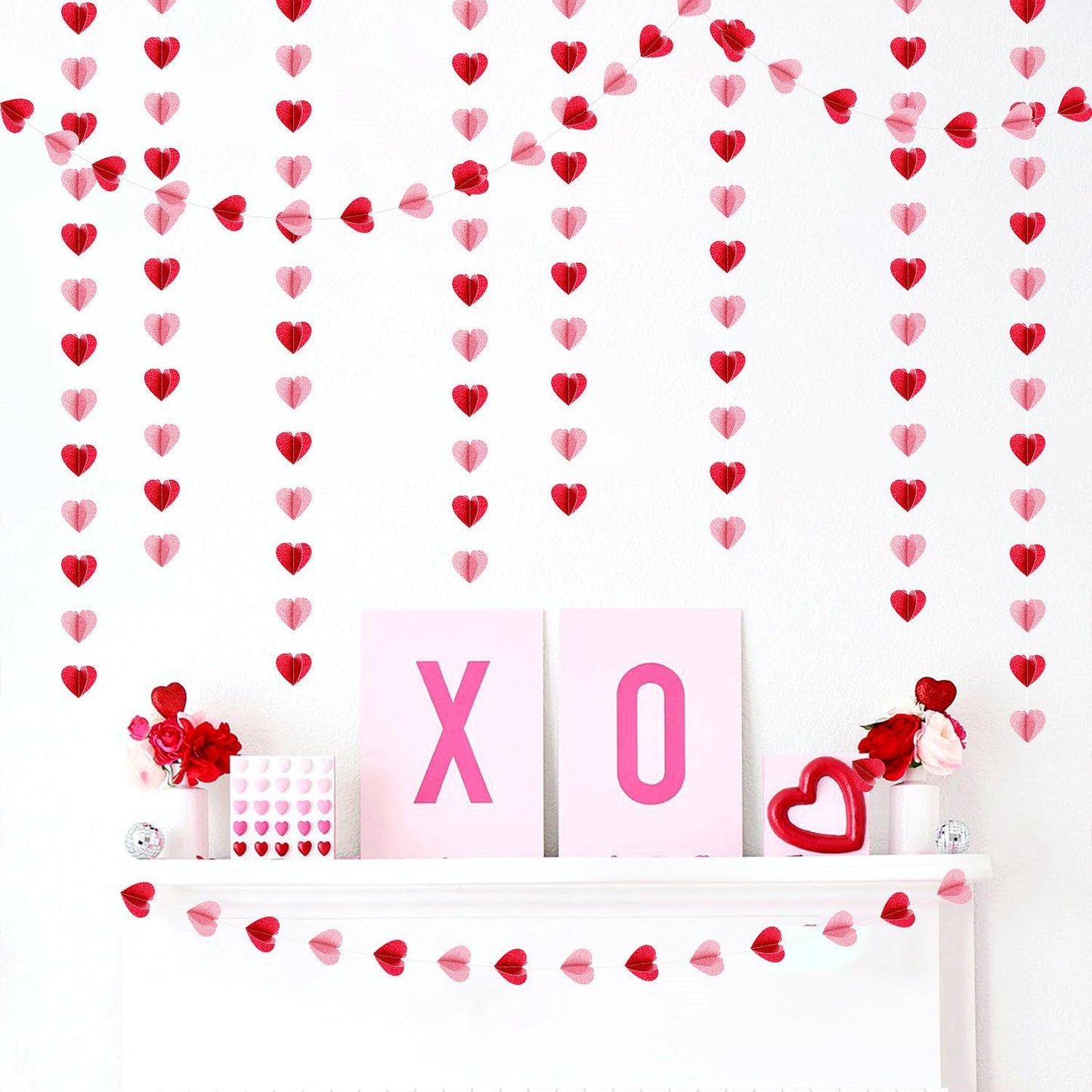 Red Pink Party-Decorations 3D-Heart Garland - 40ft Galentines Streamers Paper Banner, Proposal Anniversary Romantic Birthday Baby Shower Rustic Wedding Hanging Ornaments Decor Hugfond