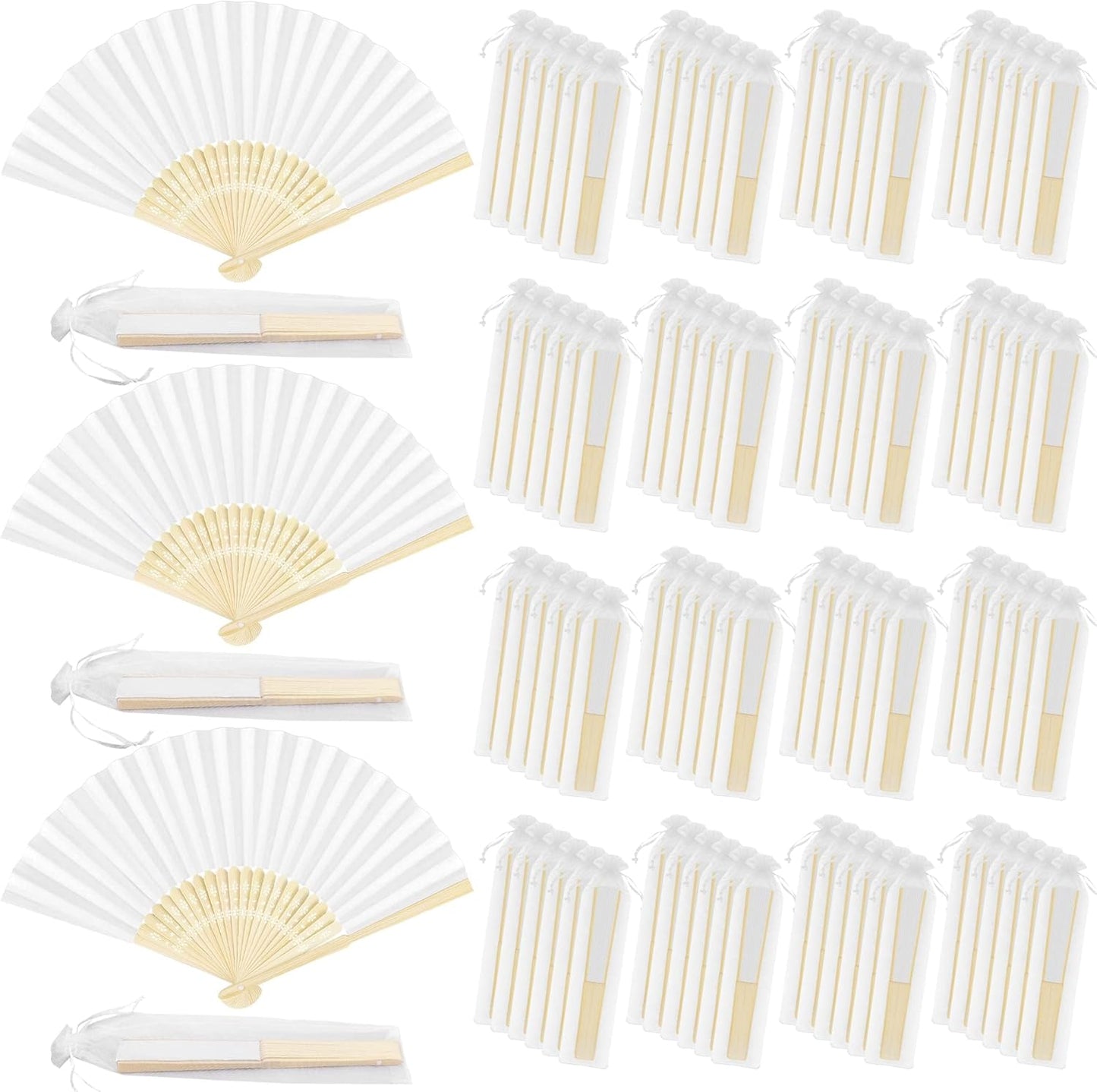MCEAST 120 Pieces Wedding Handheld Paper Fans White Bamboo Folding Paper Fan with 120 Organza Bags Foldable Cool Wedding Favors Wedding Fans for Guests Party Favors DIY Decoration