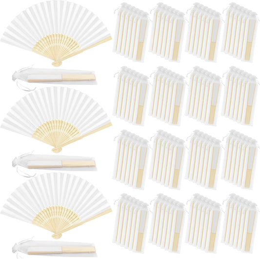 MCEAST 120 Pieces Wedding Handheld Paper Fans White Bamboo Folding Paper Fan with 120 Organza Bags Foldable Cool Wedding Favors Wedding Fans for Guests Party Favors DIY Decoration