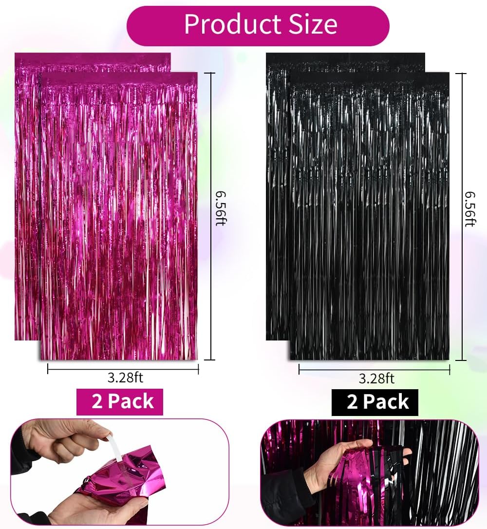 BEISHIDA 4 Pcs Hot Pink Black Door Streamers Curtain Party Streamers Backdrop Pink Party Hot Pink Wall Background for Party Decoration Photo Booth Props(3.28 ft x 6.56 ft)