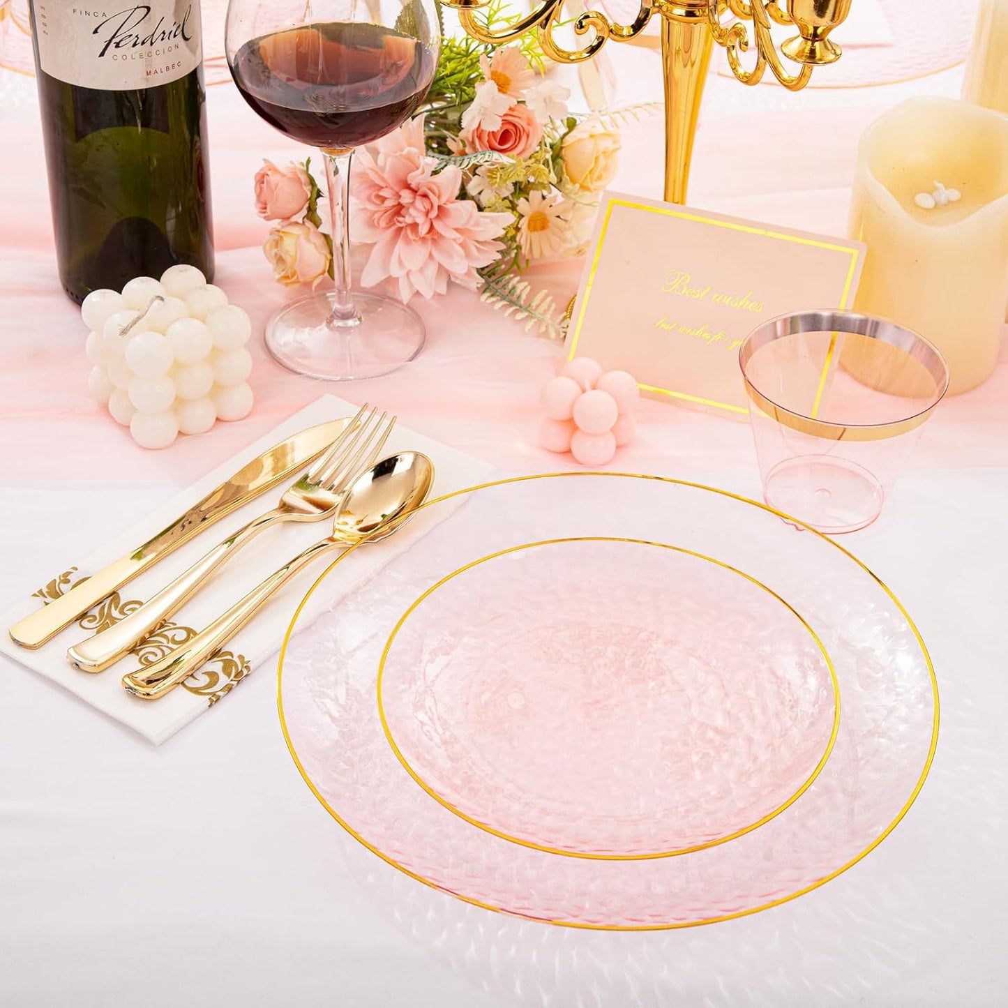 Rubtlamp 350 Pcs Clear Pink Plastic Plates, Pink Gold Plastic Dinnerware Set (50 Guests), Disposable Plates With Gold Rim, Hammered Party Plates Set for Wedding And Party