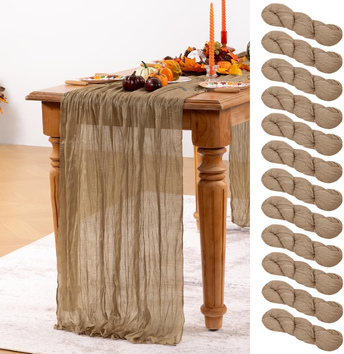 Nude Cheesecloth Table Runner 12 Pack Fall Table Runners Boho Gauze 120 Inches Coffee Cheese Cloth Fall Table Decorations for Thanksgiving Wedding Bridal Baby Shower Tea Party Decor