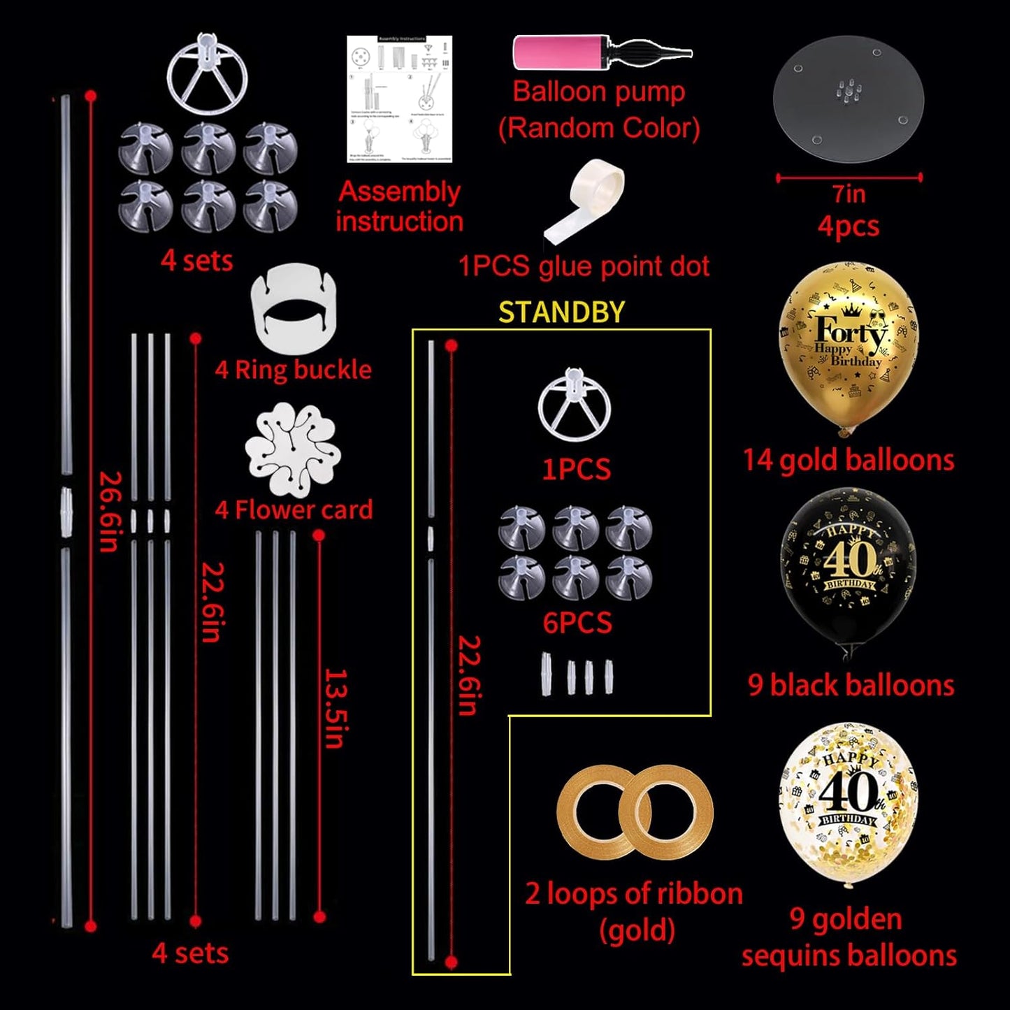 TONIFUL 4 Set Black Gold Balloon Stand Kit for Birthday Decorations for 40th,Balloon Centerpieces for Table Party Decorations Cheers to 40 Years Old Birthday for Men and Women