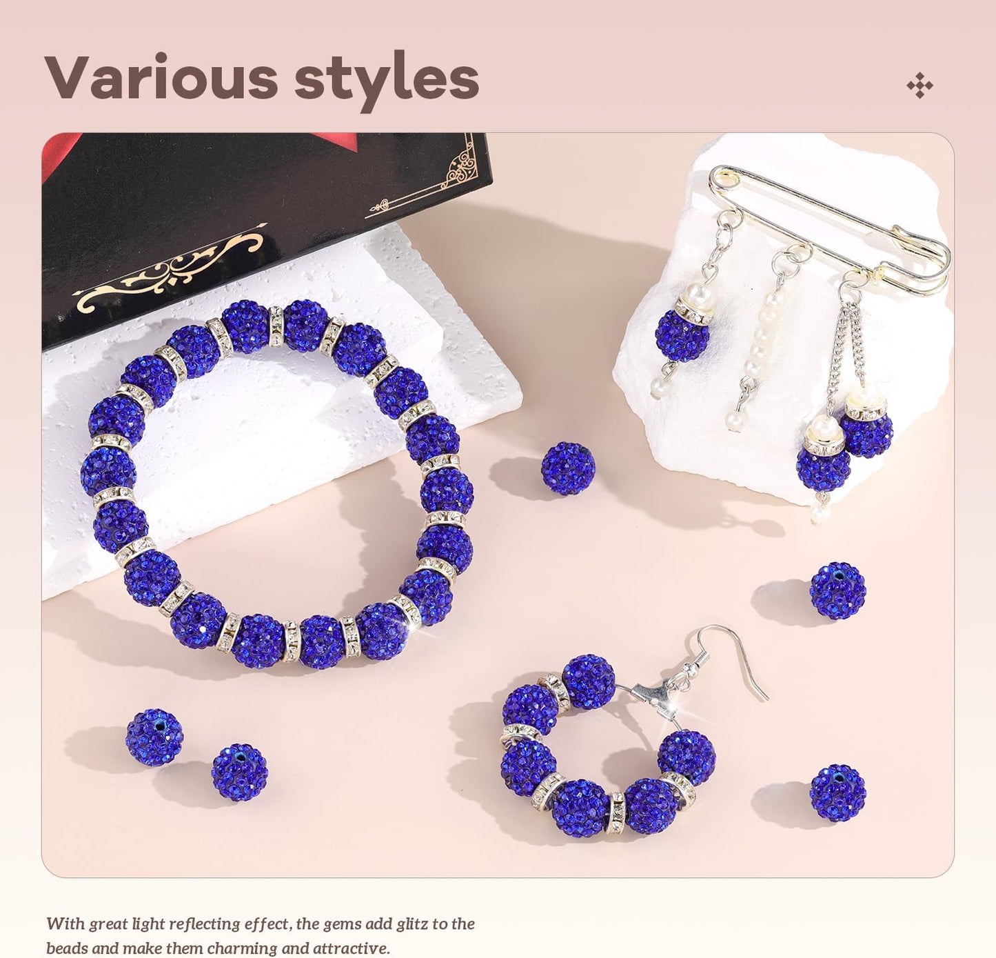 160pcs 10mm Rhinestone Beads for Jewelry Making, Dark Blue Shiny Round Disco Ball Beads Bulk, Sparkle Crystal Clay Christmas for Bracelet Baseball Necklace Earring Crafting and DIY