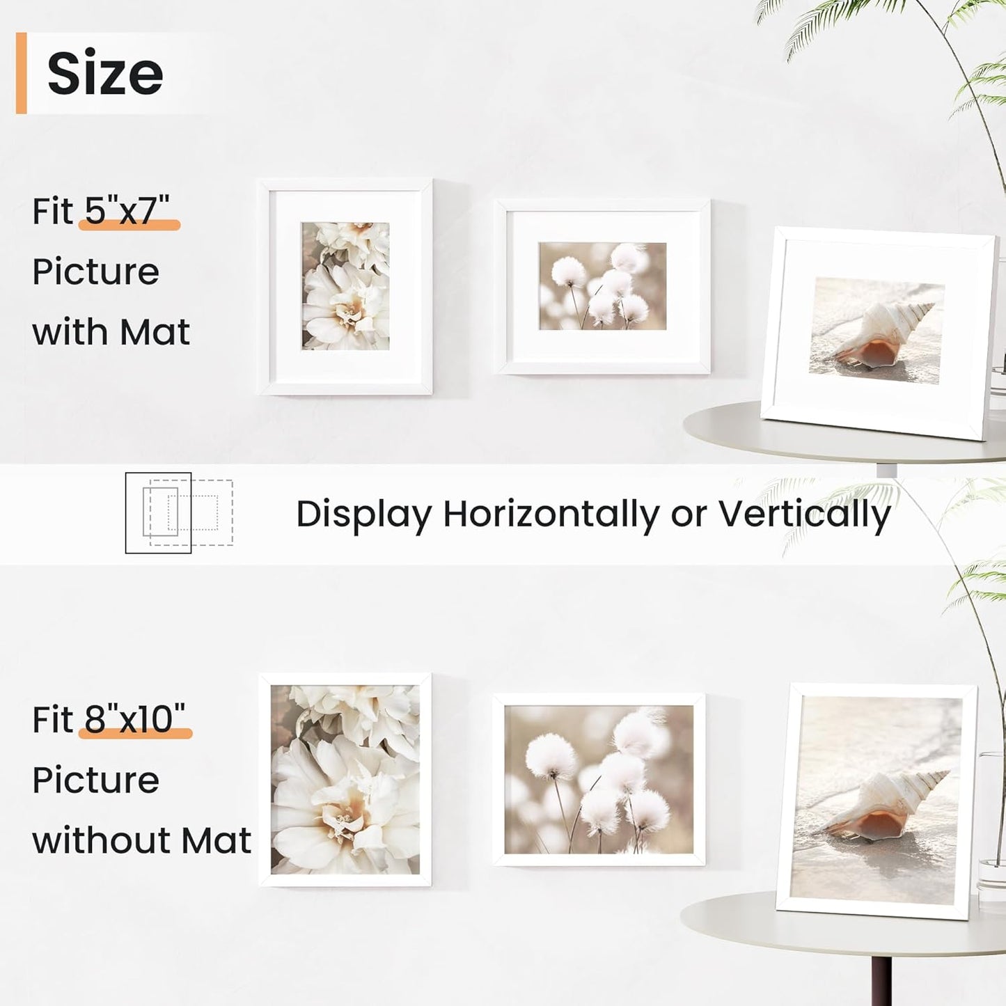 8x10 inch Picture Frame, 8x10 Photo Frames with 5x7 Removable Mat - High Definition Plexiglass - Vertical and Horizontal Display - Wall Hanging Frame - White, 3 Pack