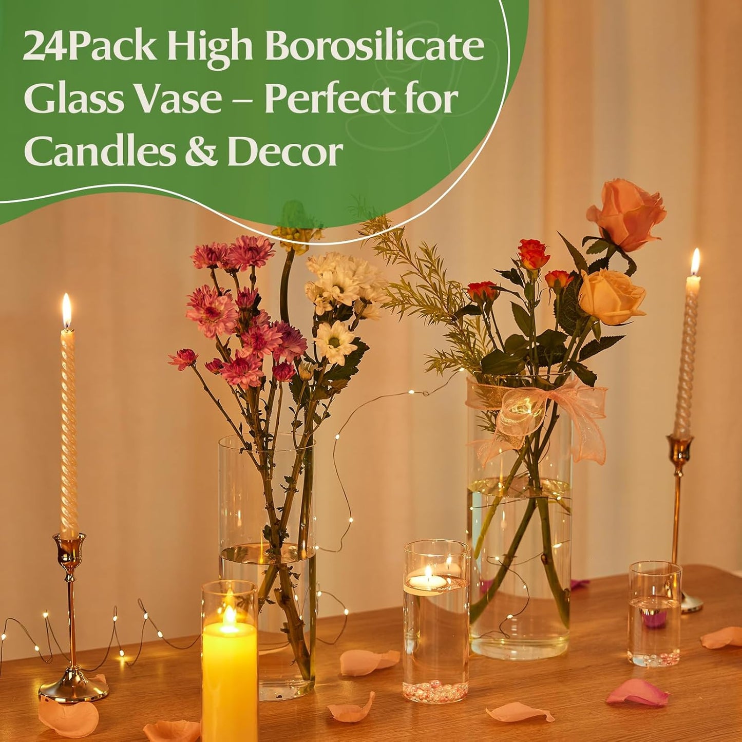 24pcs Clear Glass Cylinder Vases, 4, 6,10,12 inch Tall Hurricane Floating Candle Holder Vase for Centerpieces,Glass Candle Vase Flower Vase for Table Shelf, Wedding, Party,Home & Office Decor