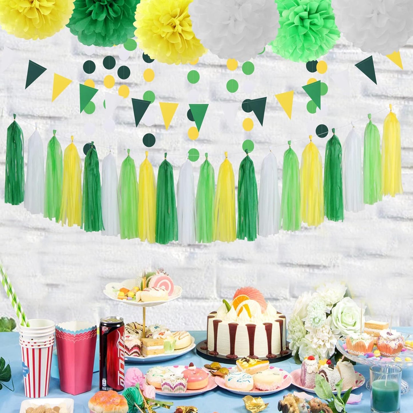 Yellow Green White Party Decorations - 30pcs Tissue Pom Poms Streamers,Spring Summer Wedding Engagement Tassel Garland Banner,Graduation Birthday Baby Bridal Shower Decor Ouruola