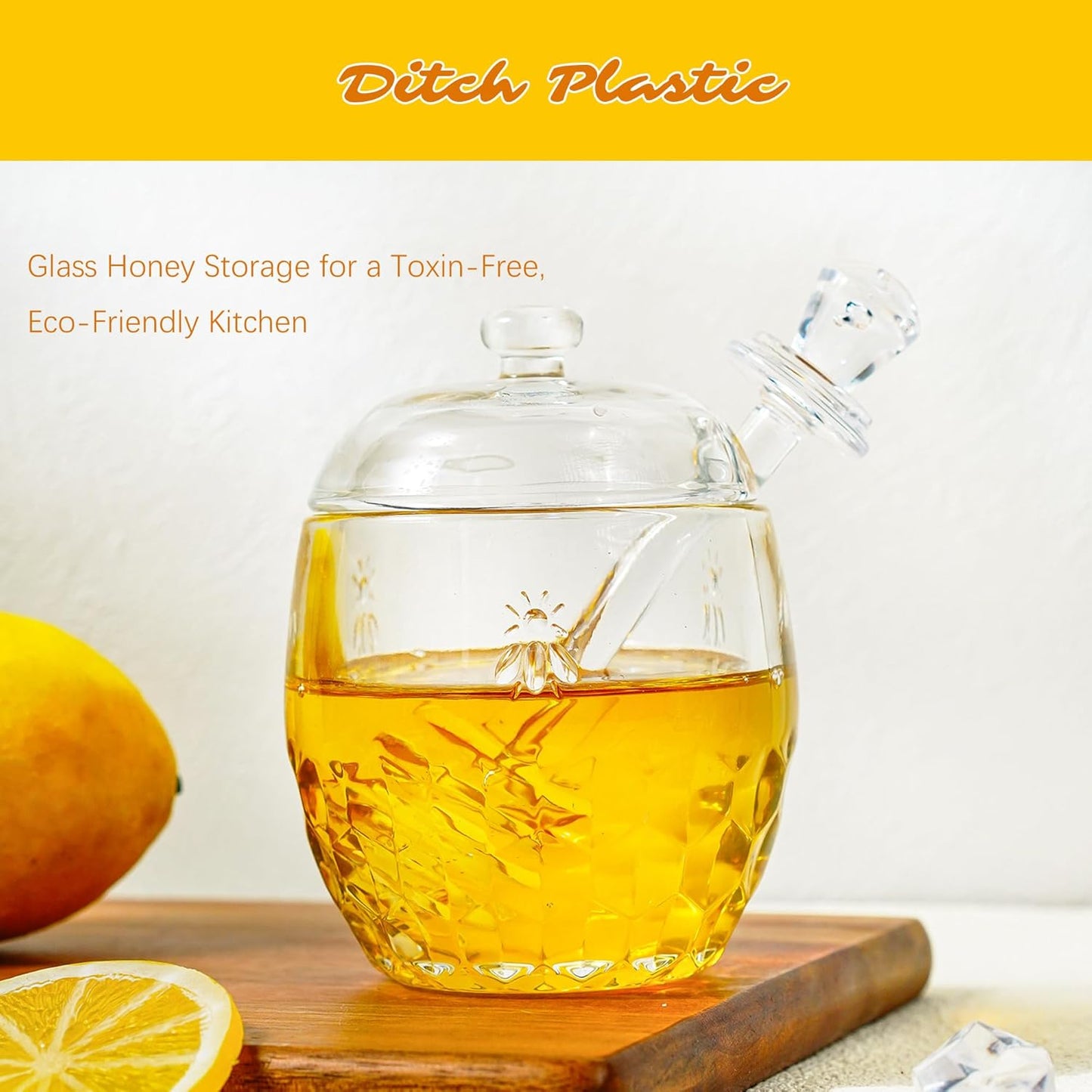 kanpura Honey Pot with Dipper and Lid Glass Honey Jar with Dipper Wide Mouth Honey Containers Airtight Syrup Honey Dispenser for Home Kitchen(7.5 OZ)